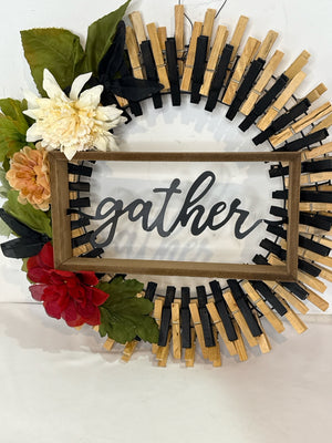 Rustic Natural/Black Clothes Pin Flowers Wreath