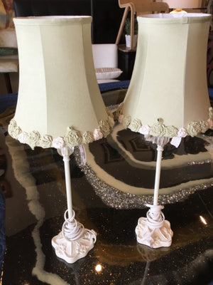 Vintage Green/White Resin Pair Table Lamp Set