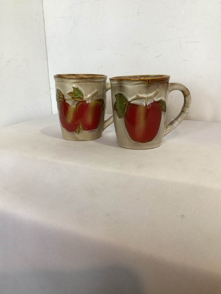 Pair Tan/Red Ceramic Apple Mug Set