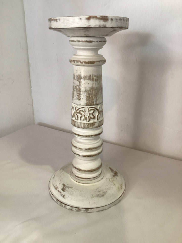 Farmhouse White Washed Wood Carved Candle Holder