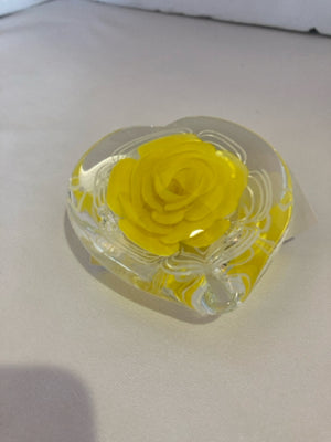 Heart Yellow Glass Flower Paperweight