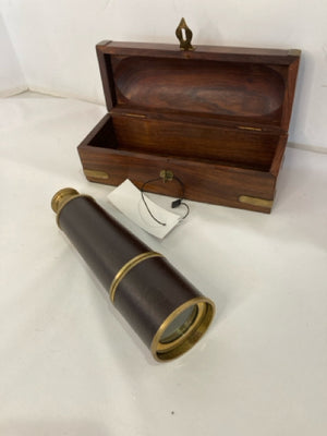 Nautical Brown/Gold Leather/Brass In Box Telescope