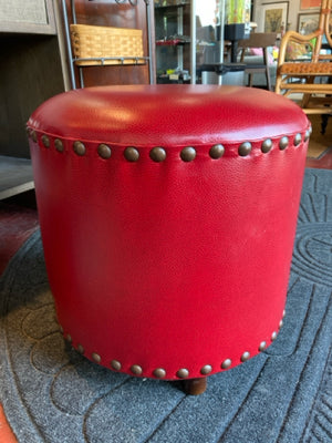 Nail Head Trim Red Vinyl Round FootStool/Ottoman