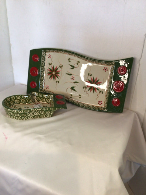 Temp-tations Tray Green/Red Ceramic Holly Set of 2 Holiday Item