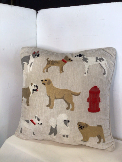 Beige/Multi Cotton Embroidered Dogs Pillow