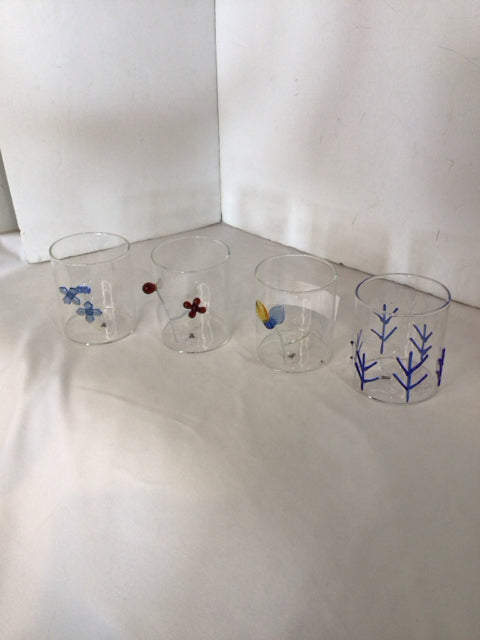 Set of 4 Clear/Blue Glass Wildflowers Glasses