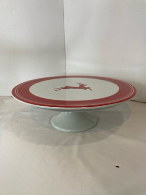 Cake Plate Red/white Reindeer Holiday Item