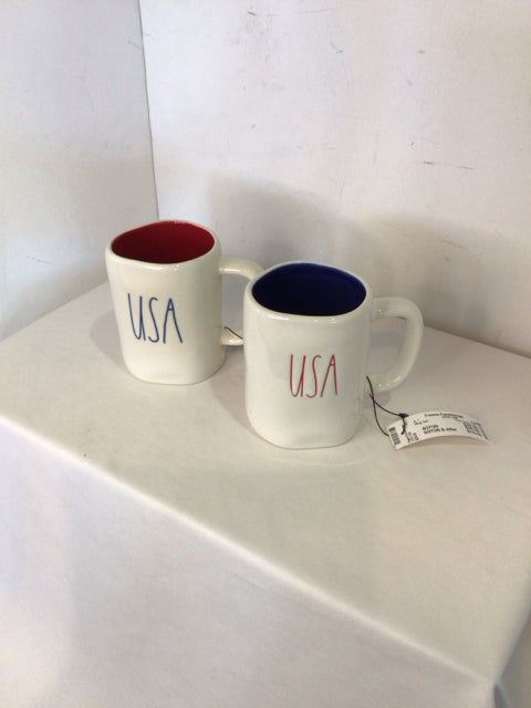 Rae Dunn Pair Red/White/Blue Ceramic USA Mug Set