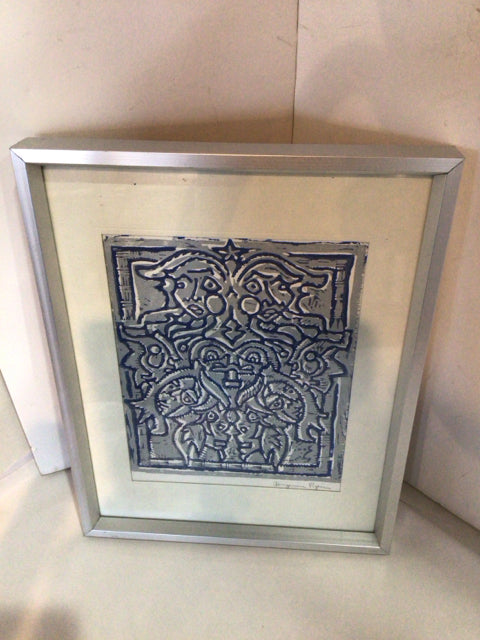 Signed Blue/Gray Batik Framed Art
