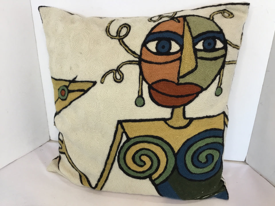 Multi-Color Cotton Embroidered Abstract Face Pillow
