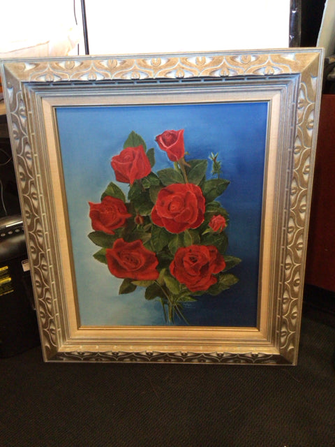 Signed Red/Green Oil painting Roses Framed Art