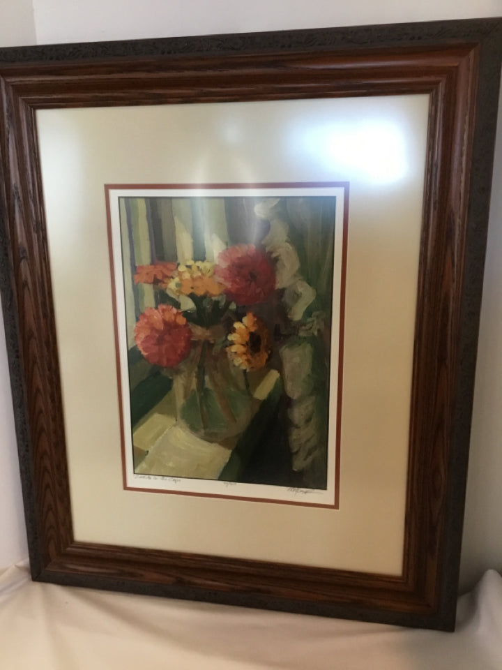 Signed Multi-Color Flowers In Vase Framed Art