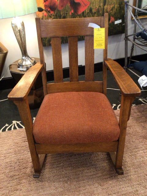Antique Wood Upholstered Seat Mission Brown/Orange Rocking Chair