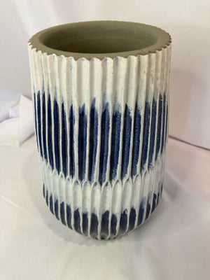 Crate & Barrel Blue/Gray Pottery Ribbed Vase