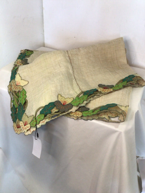 Vintage Cream/Green Cotton Square Leaves Tablecloth