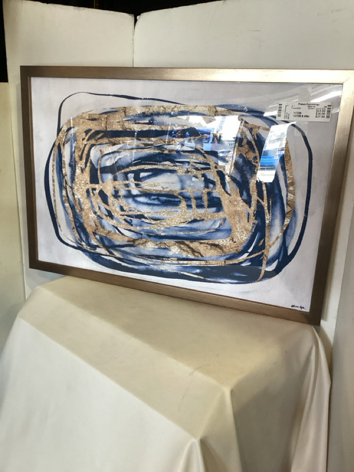 Modern Gold & Blue Swirl Framed Art