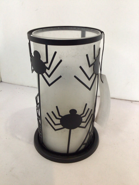 Halloween White/Black Metal/Glass Candle Holder Spider Holiday Item