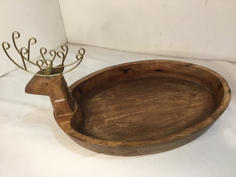 Tray Brown Wood Reindeer Holiday Item