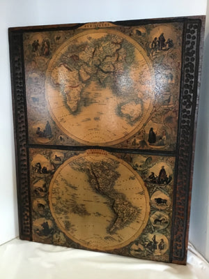 Rustic Wood Global Map Brown Wall Decoration Art