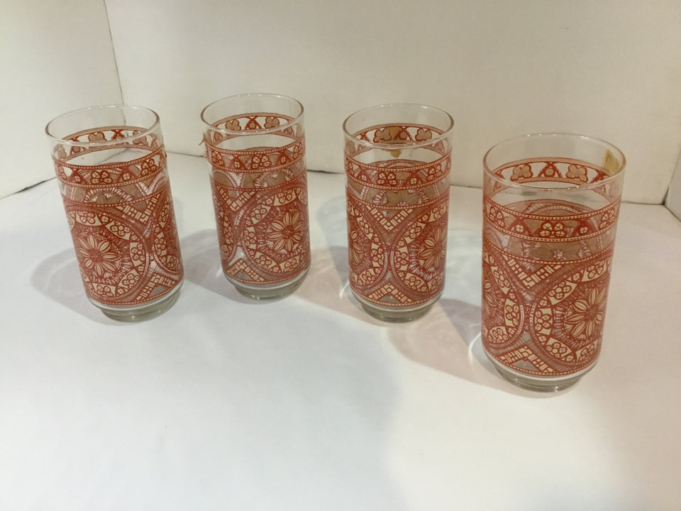 Vintage Set of 4 Clear/Red Glass Glasses