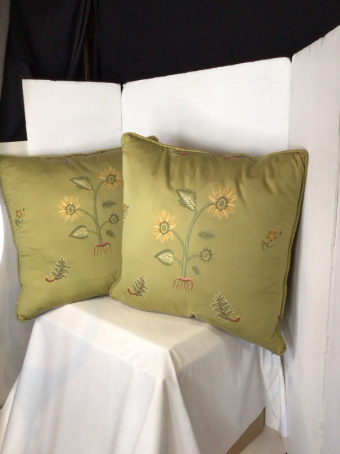Pair Green Satin Flowers Down Filled Pillow Set