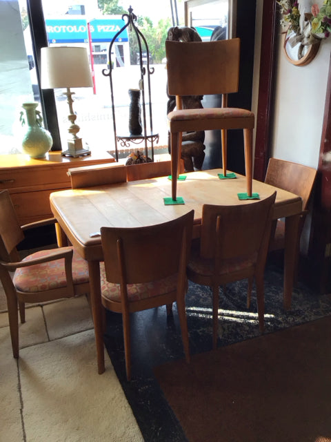 Heywood Wakefield 6 Chairs Wood w/Leaf Extendable Brown Table & Chairs