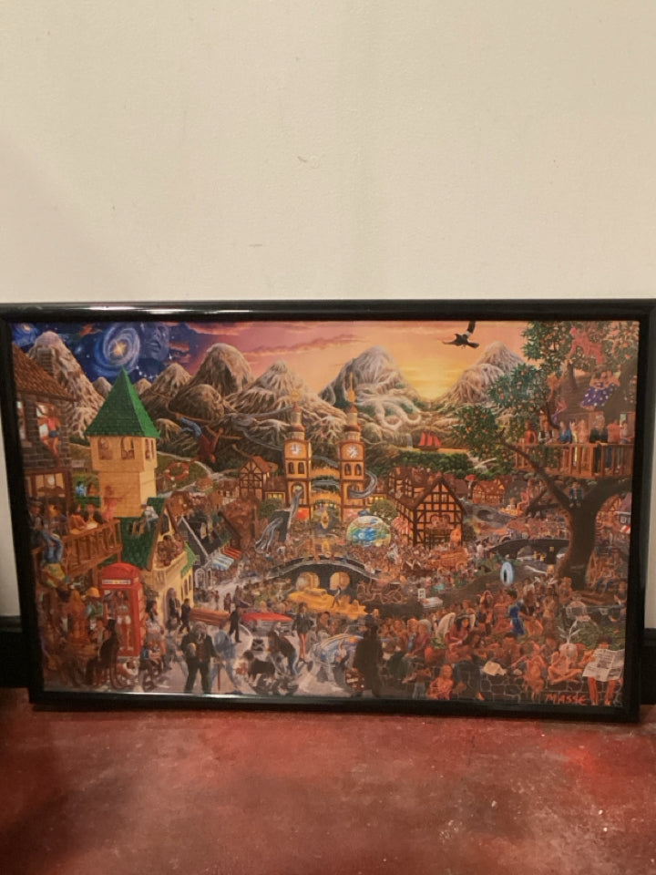 Multi-Color Poster Village Framed Art