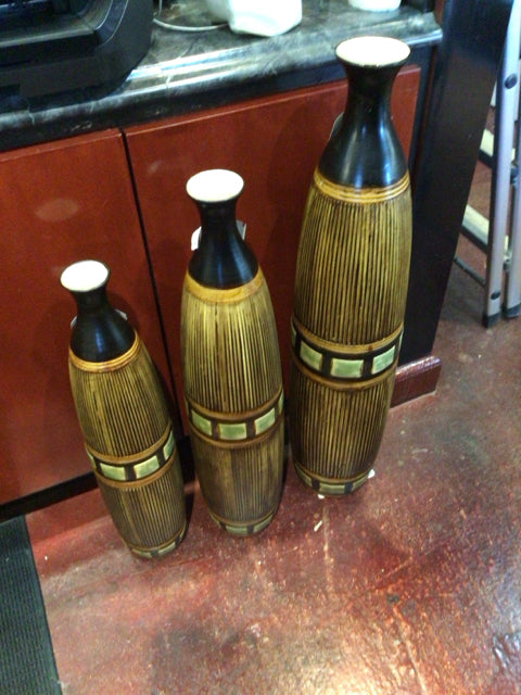 Set of 3 Black/Tan Ceramic Vase