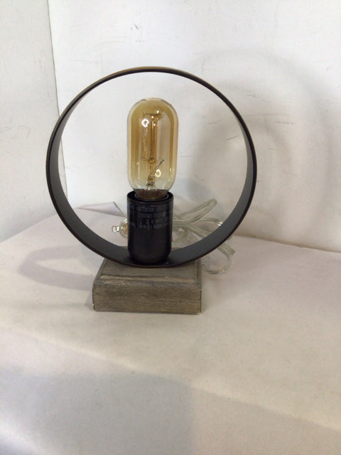 Round Black Metal & Wood Electric Lamp
