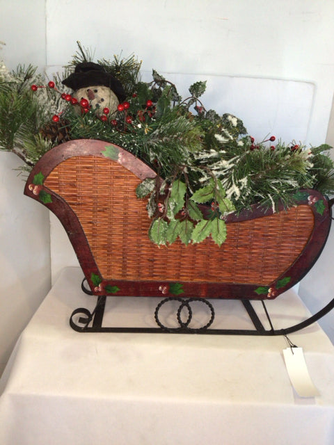 Sled Brown/Green Wicker Snowman Holiday Item