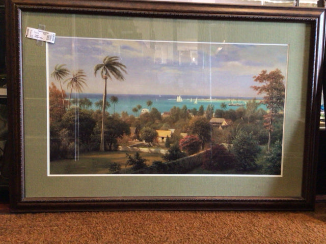 Signed Green/Blue Bahama bungalow Framed Art