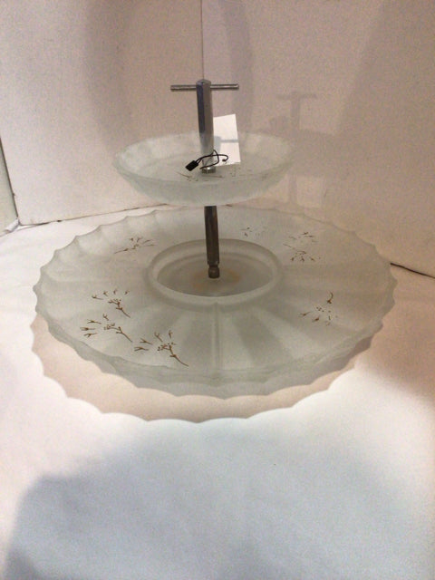 2 Tier White/Silver Frosted Glass Tray