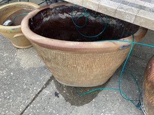 Outdoor/Outside Brown Ceramic Ribbed Planter