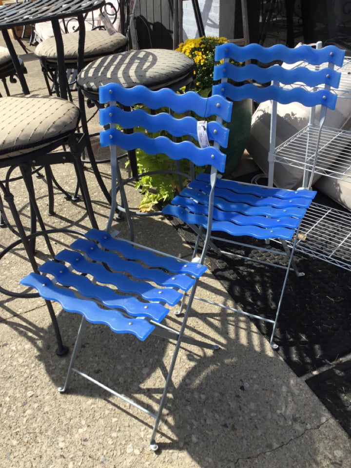 Folding Plastic Outdoor/Outside Blue Chair Set