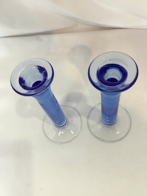 Modern Blue Glass Pair As Is Candle Stick