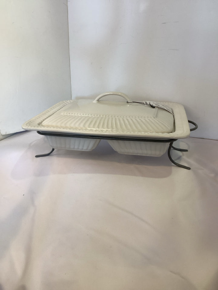 Divided White Ceramic Lidded On Stand Baking Dish