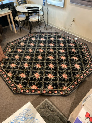 Octagonal Polyester Floral As Is Black/Pink Rug