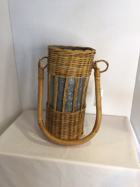 Handled Brown/Gray Wicker/metal Cylinder Basket