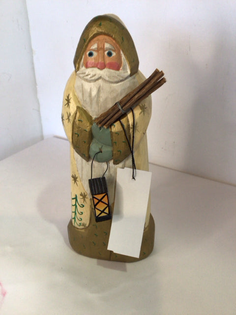 Figure Gold/White Wood Santa Carved Holiday Item