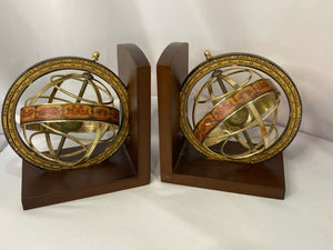 Italian Mid Century Gold/Brown Metal/Wood Globe Armillary Book End