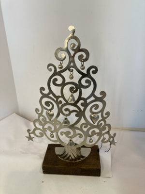 Candle Holder Brown/Silver Wood/Metal Christmas Tree Holiday Item