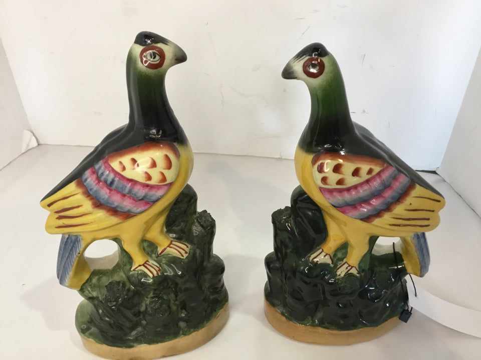 Staffordshire Vintage Green/Yellow Ceramic Birds Pair Figurine