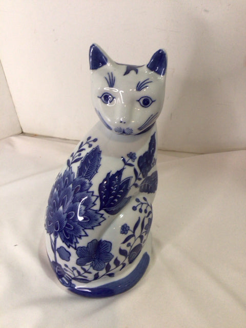 Formalities Blue/White Ceramic Cat Floral Statue