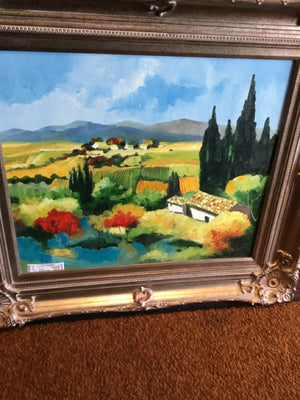 Signed Painting Multi-Color Canvas Mountains Countryside Framed Art