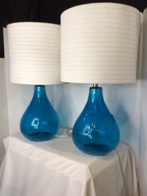 Pair Blue Glass Crackle Lamp Set