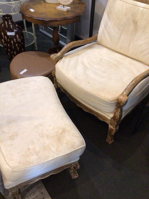Thomasville Wood/Leather Brown/Cream Chair & Ottoman