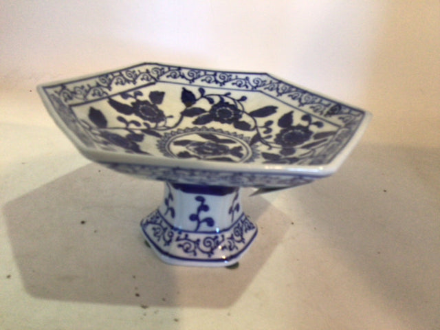 Pedestal Blue/White Ceramic Flowers Bowl
