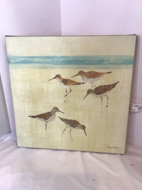 Signed Yellow/Blue Birds Beach Stretch Canvas Art