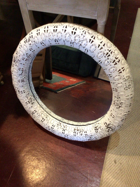 Distressed White Metal Round Mirror