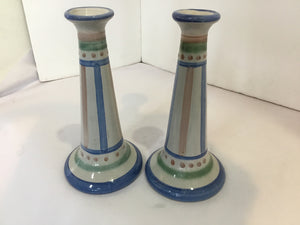 M.A. Hadley Gray/Blue Ceramic Pair Candlesticks